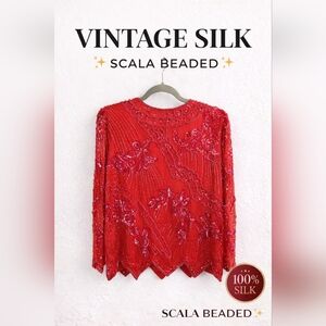Vintage SCALA Red Silk Beaded Top Sequin Blouse Party Holiday Size M